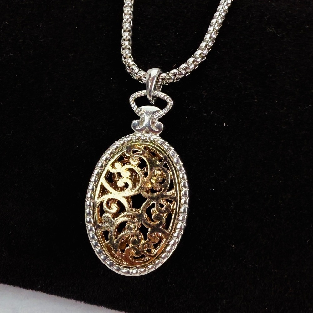 Vintage Two Tone Filigree Oval Pendant Necklace Silver Gold Scroll Statement